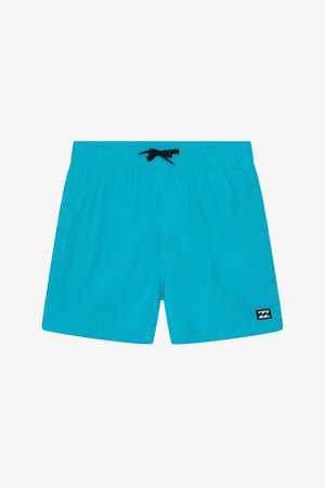 Heledad türkiissinised ujumislühtrid, millel on elastne vöökoht, must nöör, küljetaskud ja jala küljes väike mustvalge logo.