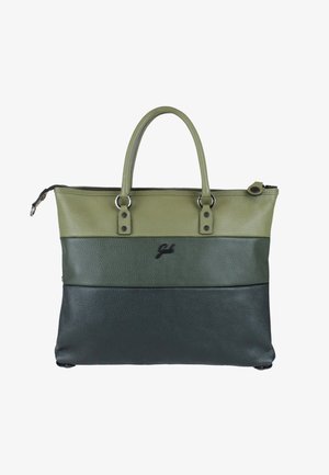 Sac à main en cuir vert et gris foncé avec deux poignées supérieures et une fermeture éclair sur fond blanc.