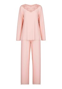 Roze lounge-set met lange mouwen en broek. Het topje heeft een V-halslijn van kant; de broek heeft een kanten rand aan de zoom. Zachte, gladde textuur.
