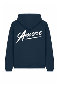 Sweat à capuche bleu marine à manches longues avec l'inscription "Amore" en lettres blanches audacieuses imprimée dans le dos.