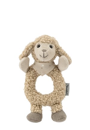 Soft, plush sheep-shaped toy in beige with a textured body, rounded hole in the center, and a polka-dot bandana detail.