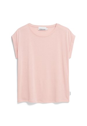 Camiseta de manga corta en color rosa claro con escote redondo, hecha de tela suave. Presenta un corte relajado y una pequeña etiqueta de la marca en el dobladillo.