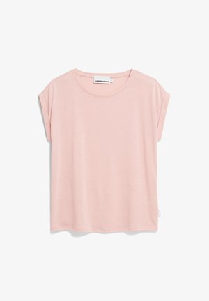Camiseta de manga corta en color rosa claro con escote redondo, hecha de tela suave. Presenta un corte relajado y una pequeña etiqueta de la marca en el dobladillo.