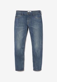 Zilas džinsu bikses ar taisnu piegriezumu. Iespējama viegla izbalēšana, piecas kabatas un metāla pogu aizdare. Vienmērīga tekstūra tuvumā pie ceļiem.