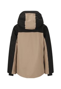 Huva jacka med en beige och svart färgblockdesign, med en slät yta och elastiska manschetter. Bakvy visar en avslappnad passform.