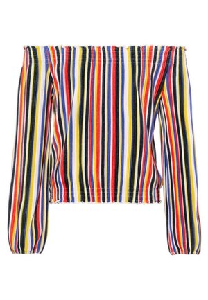 Langärmliges Oberteil mit schulterfreiem Design und mehrfarbigen senkrechten Streifen in Rot, Blau, Gelb, Schwarz und Weiß. Elastischer Ausschnitt und Saum.