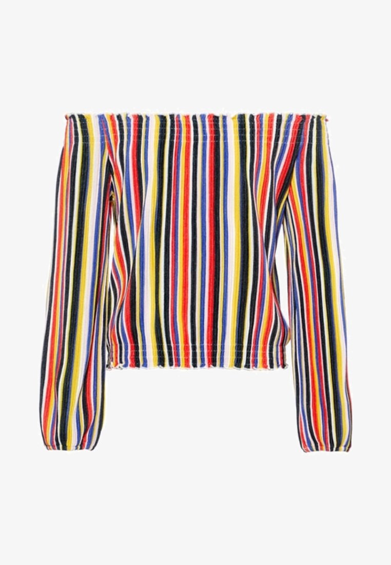 Langärmliges Oberteil mit schulterfreiem Design und mehrfarbigen senkrechten Streifen in Rot, Blau, Gelb, Schwarz und Weiß. Elastischer Ausschnitt und Saum.
