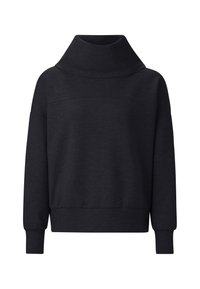 Ciemnoszara, over-size bluza z wysokim kołnierzem, długimi rękawami i prążkowanymi mankietami. Wykonana z miękkiego, fakturowanego materiału.