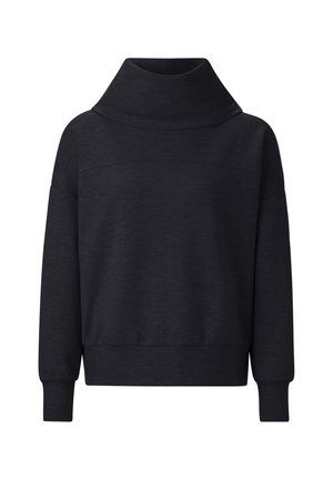 Dunkelgrauer, übergroßer Sweatshirt mit hohem Kragen, langen Ärmeln und gerippten Bündchen. Hergestellt aus einem weichen, strukturierten Stoff.