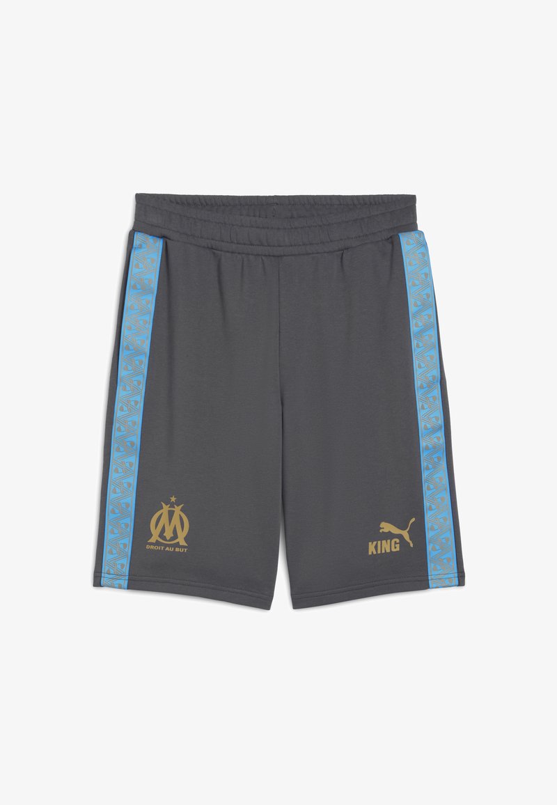 Grijze sportshorts met gouden en blauwe logo's. Voorzien van een rekbare tailleband en een blauwe zijstreep met patroon.