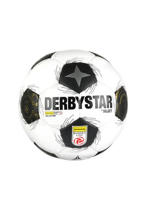 Weißer und schwarzer Fußball mit DERBYSTAR-Logo und Admiral Bundesliga-Emblem in der Mitte, mit sternförmigen schwarzen Paneelen.