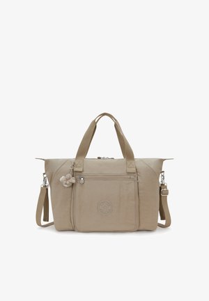 Beige värinen olkalaukku, jossa on kaksinkertaiset kahvat, säädettävä olkahihna, etutaskussa vetoketju ja pieni pehmeä avaimenperä kiinnitettynä.