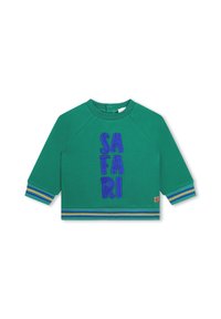 Felpa lunga verde per bambini con maniche e scritta blu "SAFARI" in verticale, e polsini e orlo a righe blu, verde e giallo.