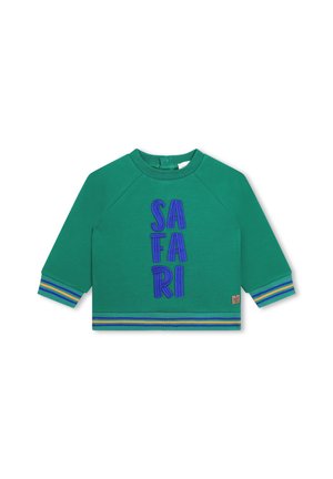 Felpa lunga verde per bambini con maniche e scritta blu "SAFARI" in verticale, e polsini e orlo a righe blu, verde e giallo.