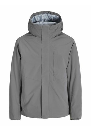 Giacca impermeabile grigia con colletto alto, cappuccio e zip frontale. Caratterizzata da un design elegante, tasche laterali e una fodera interna liscia.