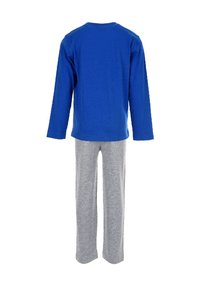 Blauw shirt met lange mouwen en een ronde hals, gecombineerd met grijze katoenbroek. De outfit is casual en heeft een ontspannen pasvorm, geschikt voor loungekleding.