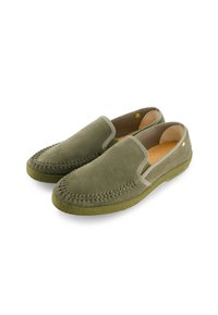 Olive green suede slip-on shoes with stitched detailing, elastic side panels, and a textured rubber sole. Smooth interior lining.