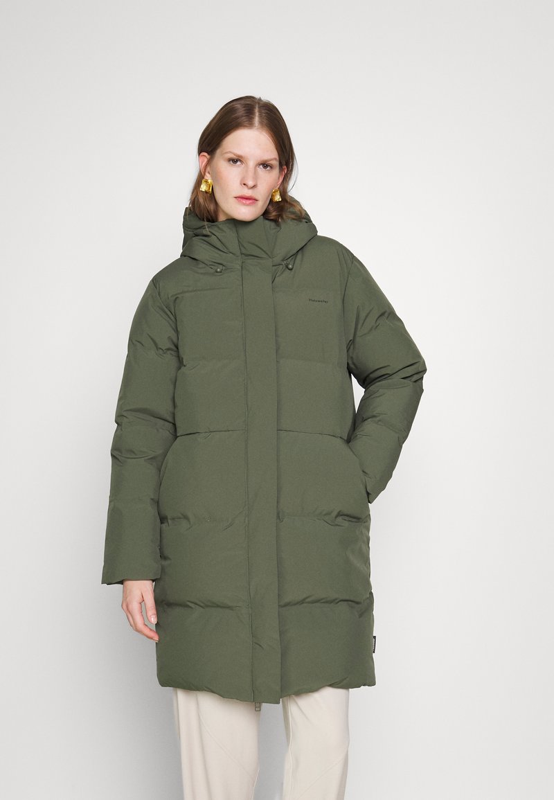 Green padded parka with a hood, featuring a front zipper, two pockets, and a quilted texture. Simple design, mid-thigh length.