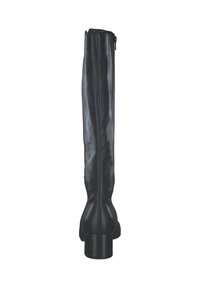 Black knee-high boots made of smooth leather feature a rear zipper and a chunky heel for stability. The design is sleek and form-fitting.