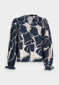 Bluza cu model navy și crem, cu mâneci lungi, nasturi în față și manșete cu volane. Prezintă un design floral abstract pe un material ușor.