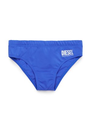 Costumi da bagno blu realizzati in tessuto morbido e elastico. Presentano una vita elastica e un logo "DIESEL" bianco sul davanti. Design compatto.