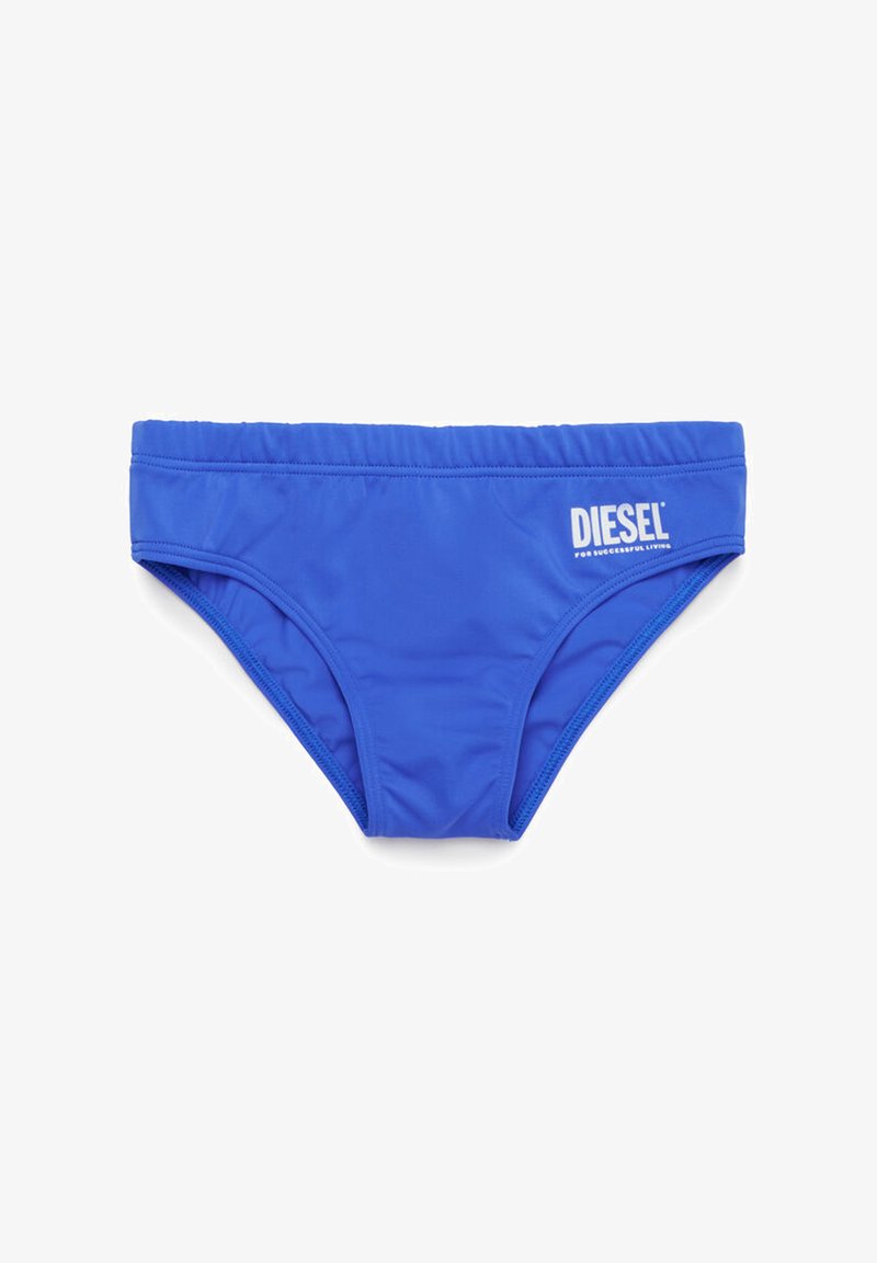 Costumi da bagno blu realizzati in tessuto morbido e elastico. Presentano una vita elastica e un logo "DIESEL" bianco sul davanti. Design compatto.