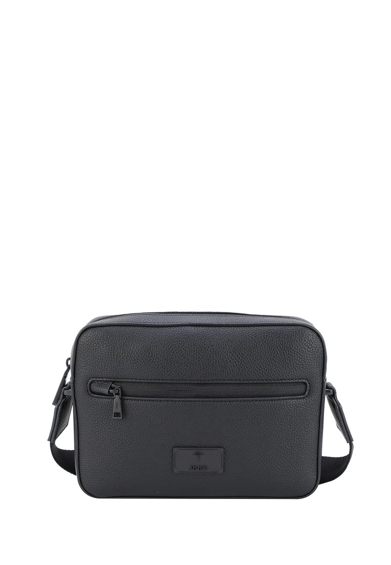 Borsa a tracolla in pelle nera con superficie testurizzata, tasca anteriore con zip e tracolla regolabile. Forma rettangolare con design minimalista.