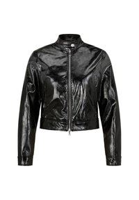 Schwarz verkürzte Jacke aus glänzendem Material, mit Stehkragen, vorderem Reißverschluss und langen Ärmeln mit eng anliegendem Bündchen.