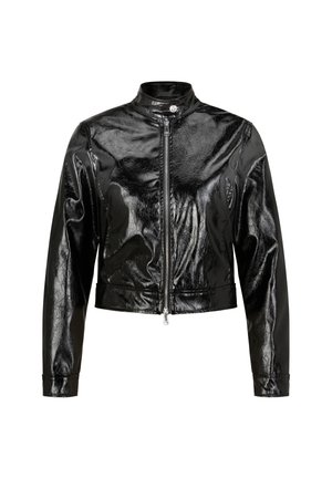 Schwarz verkürzte Jacke aus glänzendem Material, mit Stehkragen, vorderem Reißverschluss und langen Ärmeln mit eng anliegendem Bündchen.