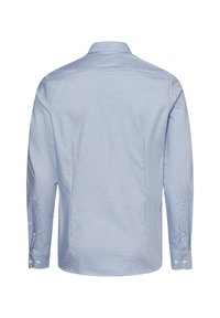 Hellesblaues Langarmhemd mit kleinem Karomuster, Knopfmanschetten und einem klassischen Kragen. Glattes Baumwollmaterial, taillierte Passform.