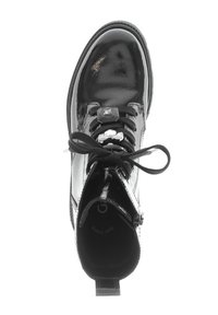 Black patent leather ankle boot with round toe, flat sole, and decorative laces featuring metallic accents and a pull tab at the heel.