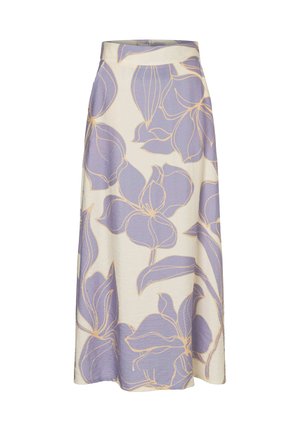 Rok met hoge taille, enkellengte en grote lavendelbloemenprint op een crèmekleurige achtergrond met subtiele perzikkleurige contouren.