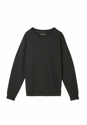 Melnas garām piedurknēm crewneck sporta krekls ar ribotām aprocēm un apakšmalu, izvietots uz baltas vides.