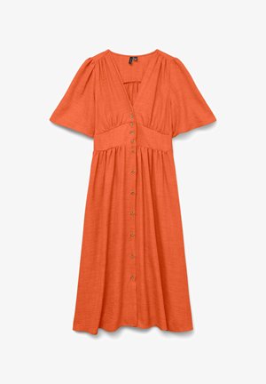 Narancssárga midi ruha rövid, fodros ujjakkal, V-nyakkivágással, összegyűrt derékkal és végig gombos záródással elöl.