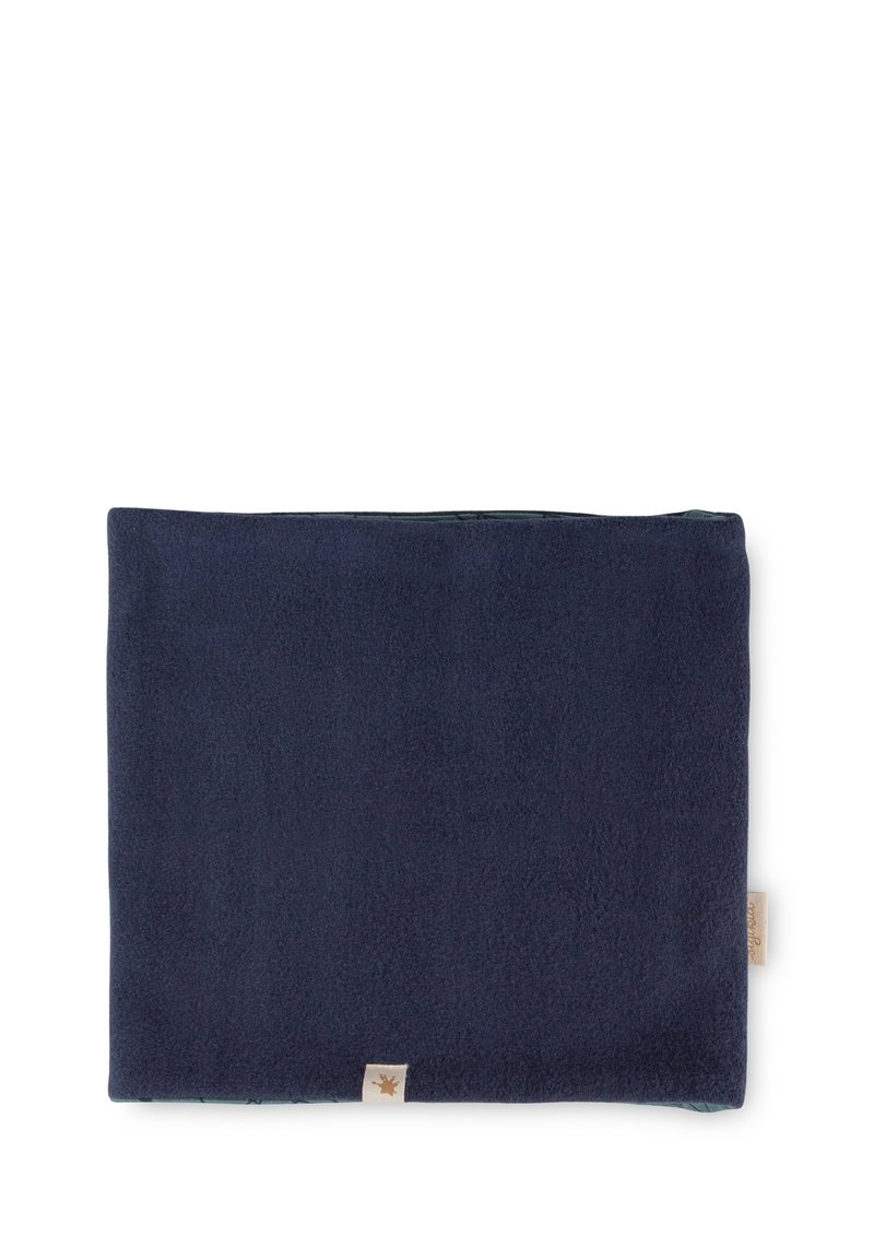 Navy blue fleece blanket, rectangular shape, soft texture, featuring a small logo tag on one side, with a contrasting inner lining.