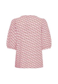 Blouse blanche à rayures horizontales ondulées rouges, manches trois-quarts bouffantes, et col rond vue de dos.