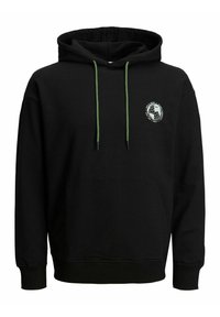 Hoodie noir avec une poche avant, cordons de serrage verts et un graphique blanc circulaire sur la poitrine gauche. Fabriqué en tissu doux.