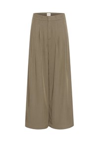 Wide-leg trousers in light brown fabric; features pleats, a tailored waistband, and a smooth texture. No visible pockets or embellishments.