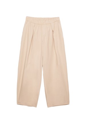 Pantaloni beige a gamba larga con vita elastica, caratterizzati da pieghe frontali e un tessuto leggero e morbido. Senza tasche visibili o fantasie.