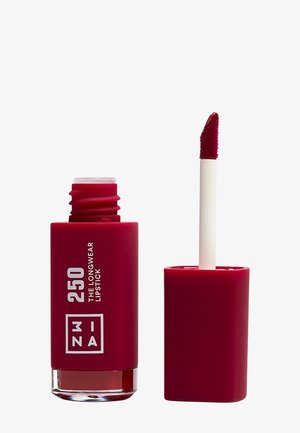 Langhaltender Lippenstift in einem quadratischen, tiefroten Behälter. Verfügt über eine matte Textur mit einem weißen Applikator und einer spitz zulaufenden Schwammspitze.