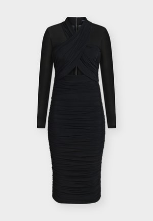 Schwarzes Kleid mit gerafftem Design, langen transparenten Ärmeln, Wickeleffekt-Oberteil und einem zentralen Reißverschluss auf der Rückseite.