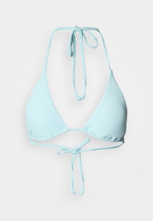 Light blue ribbed bikini top with triangular cups, thin adjustable straps, and a tie closure at the back. Smooth texture, no patterns.