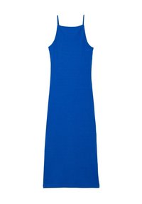 Robe maxi bleue sans manches, à la coupe ajustée avec des bretelles fines et une texture lisse, confectionnée dans un tissu extensible.