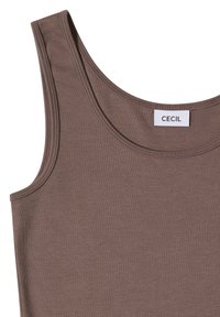 Débardeur marron sans manches avec encolure ronde et étiquette de marque "CECIL" cousue à l'intérieur du col arrière.