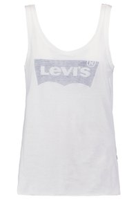 Débardeur blanc en coton, arborant un logo Levi's gris clair sur le devant dans un style classique en forme d'aile de chauve-souris. Texture lisse, sans manches.