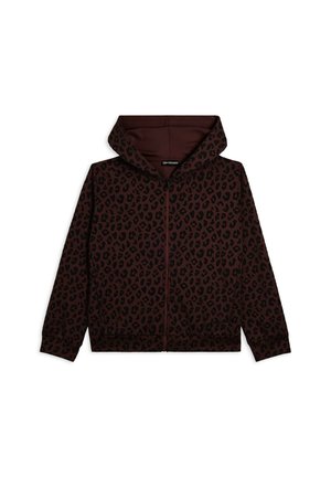 Hoodie zippé bordeaux avec imprimé léopard noir. Dispose d'une capuche, de manches longues et de poignets côtelés. Fabriqué en tissu doux pour le confort.