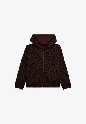 Hoodie zippé bordeaux avec imprimé léopard noir. Dispose d'une capuche, de manches longues et de poignets côtelés. Fabriqué en tissu doux pour le confort.
