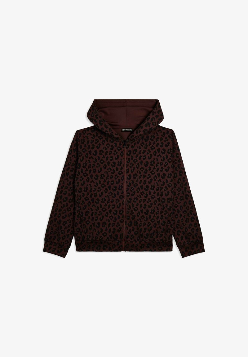 Hoodie zippé bordeaux avec imprimé léopard noir. Dispose d'une capuche, de manches longues et de poignets côtelés. Fabriqué en tissu doux pour le confort.