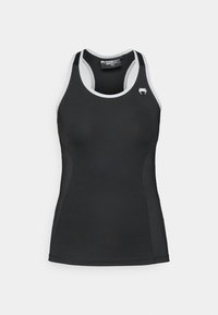 Débardeur de sport noir avec des accents blancs, design dos nageur, texture lisse, forme cintrée et un petit logo blanc sur la poitrine.