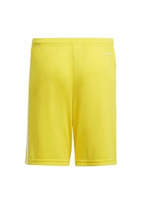 Gelbe sportliche Shorts mit elastischem Bund und weißen Seitenstreifen, aus leichtem, atmungsaktivem Stoff.